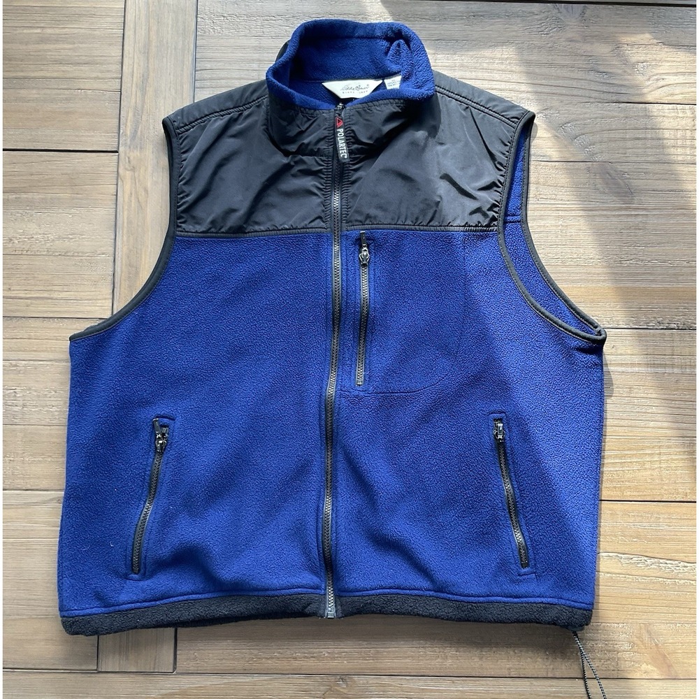 Eddie Bauer Men's Stylish Full Zip Fleece Vest Polartec XL Blue Black Pockets